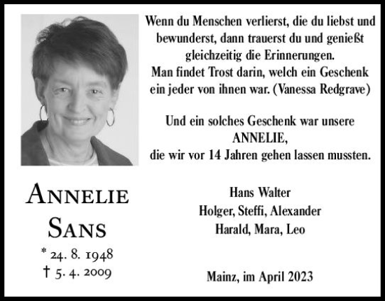 Traueranzeige von Annelie Sans von Allgemeine Zeitung Mainz