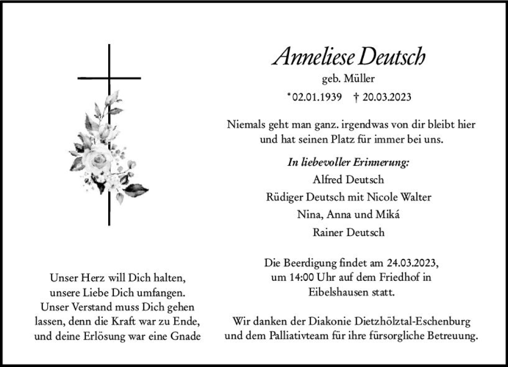  Traueranzeige für Anneliese Deutsch vom 22.03.2023 aus Dill Block