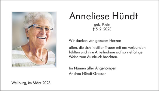 Traueranzeige von Anneliese Hündt von Weilburger Tageblatt