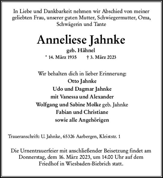 Traueranzeige von Anneliese Jahnke von Wiesbadener Kurier
