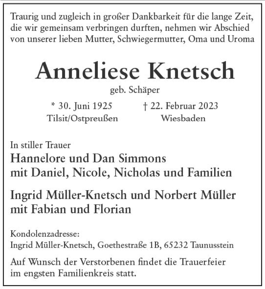  Traueranzeige für Anneliese Knetsch vom 04.03.2023 aus Wiesbadener Kurier