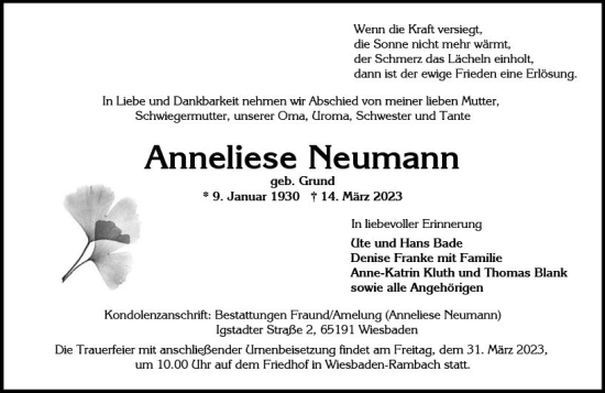 Traueranzeige von Anneliese Neumann von Wiesbadener Kurier