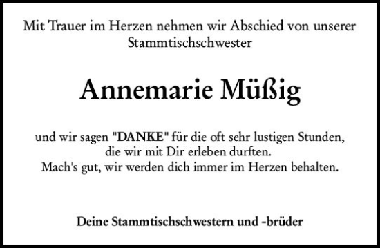 Traueranzeige von Annemarie Müßig von Allgemeine Zeitung Mainz