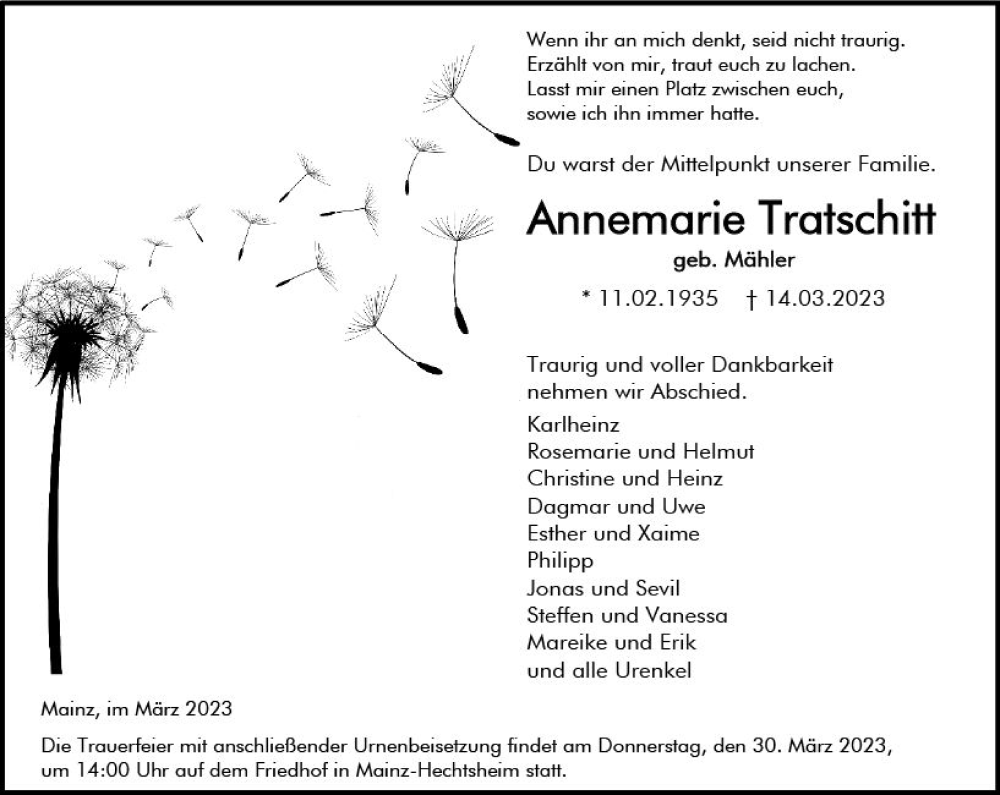  Traueranzeige für Annemarie Tratschilt vom 25.03.2023 aus Allgemeine Zeitung Mainz