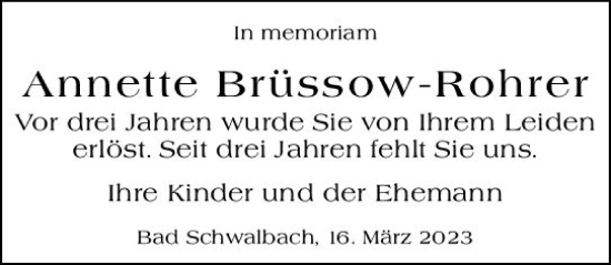 Traueranzeige von Annette Brüssow-Rohrer von Wiesbadener Kurier