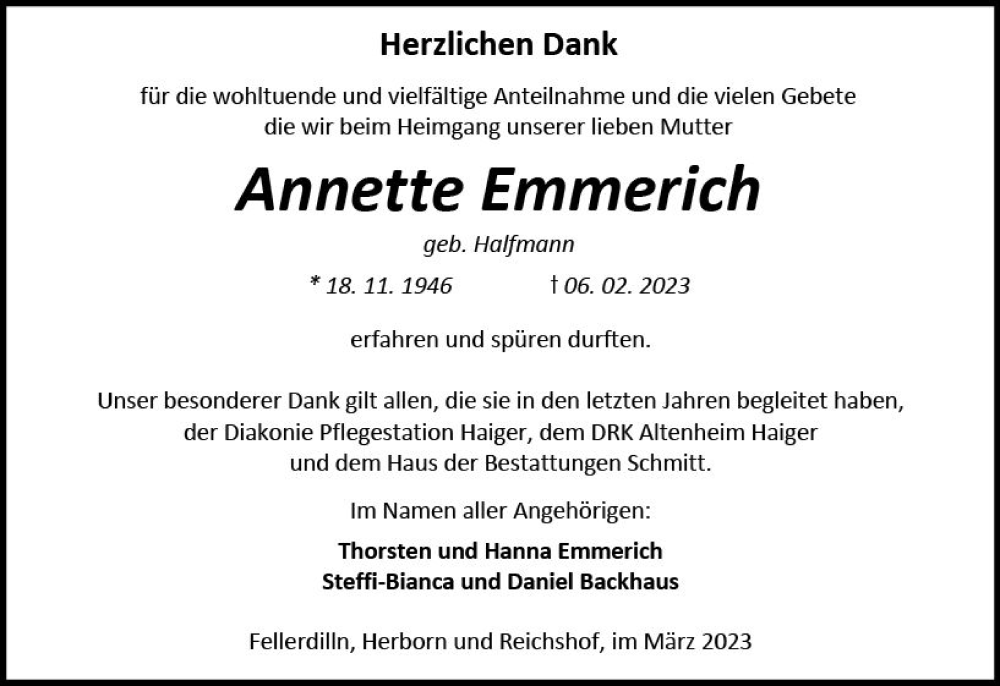  Traueranzeige für Annette Emmerich vom 18.03.2023 aus Dill Block