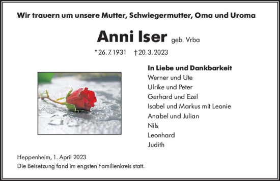 Traueranzeige von Anni Iser von Starkenburger Echo