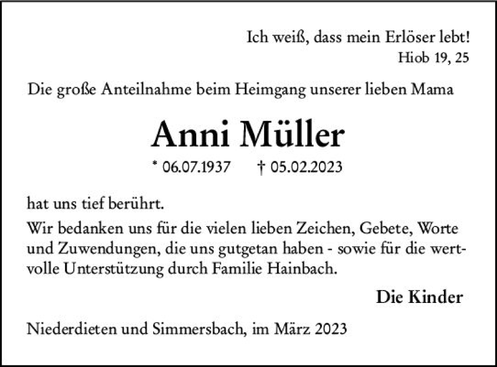  Traueranzeige für Anni Müller vom 04.03.2023 aus Hinterländer Anzeiger