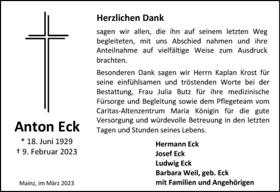 Traueranzeige von Anton Eck von Allgemeine Zeitung Mainz