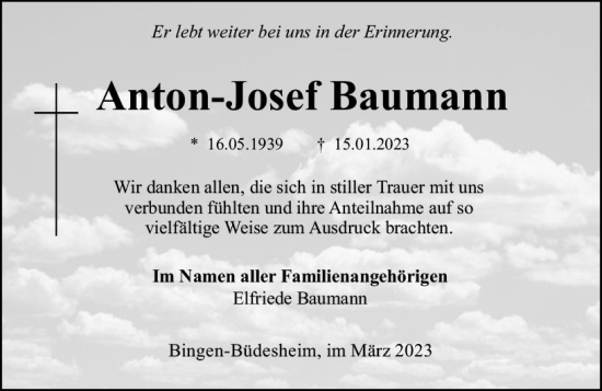 Traueranzeige von Anton-Josef Baumann von Allgemeine Zeitung Bingen/Ingelheim