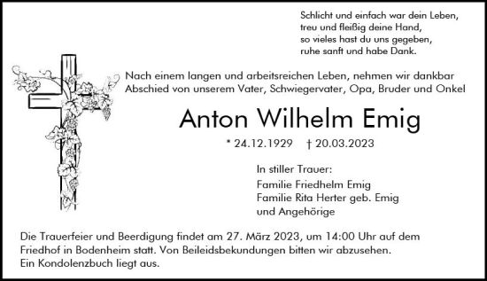 Traueranzeige von Anton Wilhelm Emig von Allgemeine Zeitung Mainz