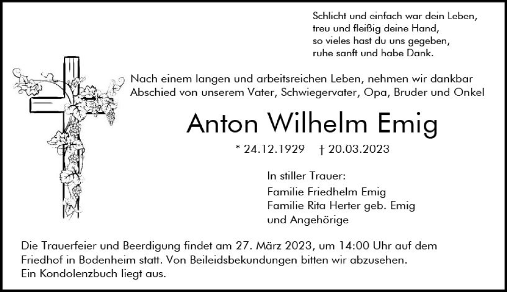  Traueranzeige für Anton Wilhelm Emig vom 23.03.2023 aus Allgemeine Zeitung Mainz
