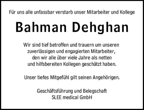 Traueranzeige von Bahman Dehghan von Allgemeine Zeitung Mainz