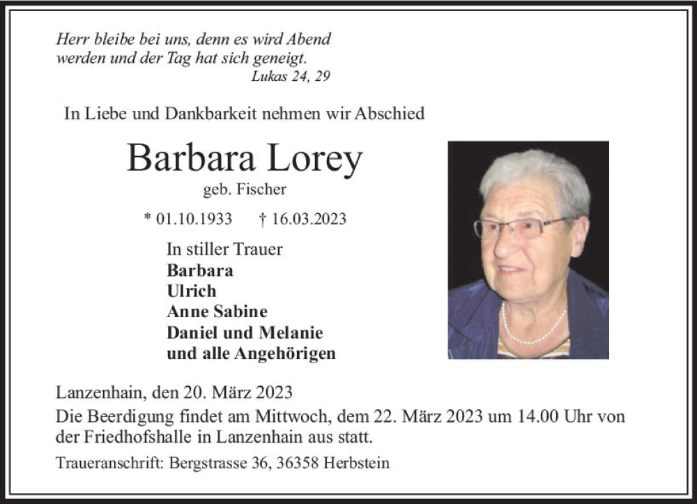  Traueranzeige für Barbara Lorey vom 20.03.2023 aus VRM Trauer