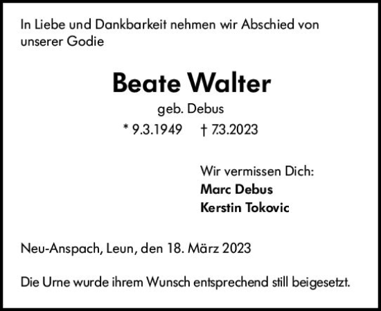 Traueranzeige von Beate Walter von Wetzlarer Neue Zeitung