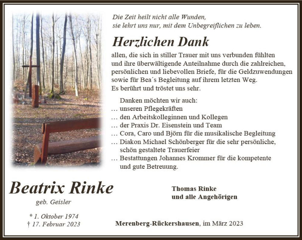  Traueranzeige für Beatrix Rinke vom 25.03.2023 aus Weilburger Tageblatt