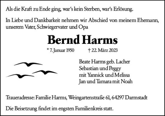 Traueranzeige von Bernd Harms von Darmstädter Echo