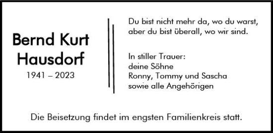 Traueranzeige von Bernd Kurt Hausdorf von Allgemeine Zeitung Mainz