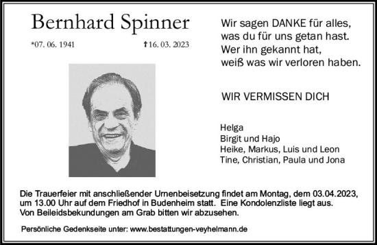 Traueranzeige von Bernhard Spinner von Allgemeine Zeitung Mainz