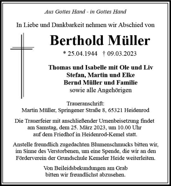 Traueranzeige von Berthold Müller von Wiesbadener Kurier