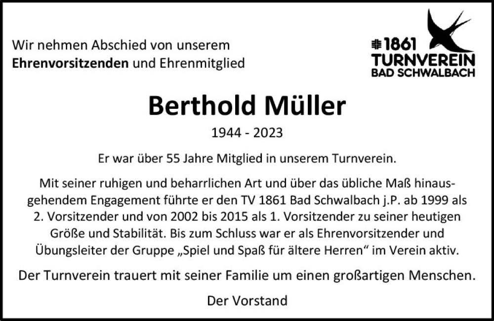  Traueranzeige für Berthold Müller vom 18.03.2023 aus Idsteiner Land/Untertaunus