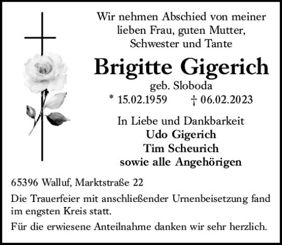 Traueranzeige von Brigitte Gigerich von Wiesbadener Kurier