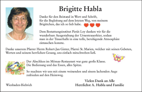 Traueranzeige von Brigitte Habla von Wiesbadener Kurier