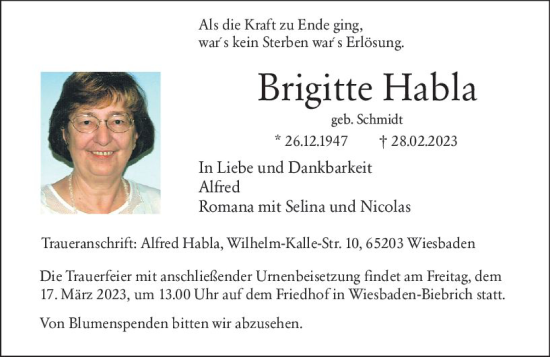 Traueranzeige von Brigitte Habla von Wiesbadener Kurier