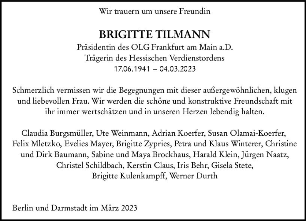  Traueranzeige für Brigitte Tillmann vom 11.03.2023 aus Darmstädter Echo