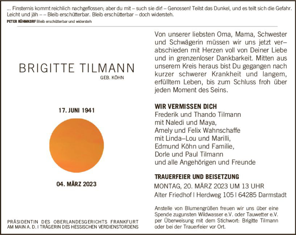  Traueranzeige für Brigitte Tilmann vom 11.03.2023 aus Darmstädter Echo