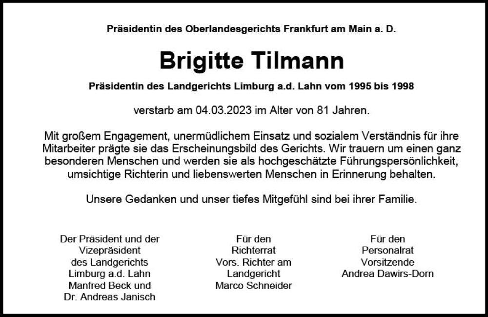  Traueranzeige für Brigitte Tilmann vom 11.03.2023 aus Nassauische Neue Presse
