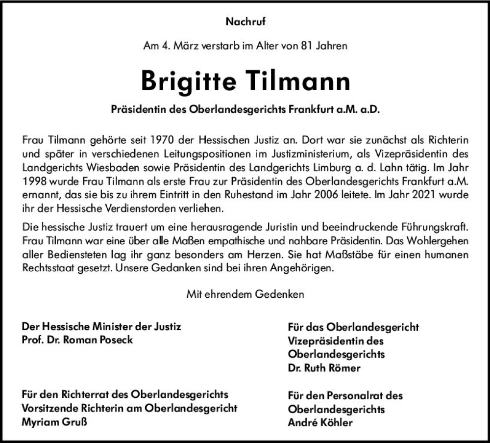  Traueranzeige für Brigitte Tilmann vom 11.03.2023 aus Darmstädter Echo