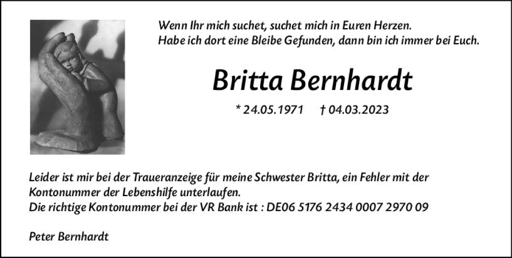  Traueranzeige für Britta Bernhardt vom 14.03.2023 aus Hinterländer Anzeiger