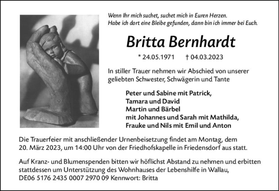 Traueranzeige von Britta Bernhardt von Hinterländer Anzeiger
