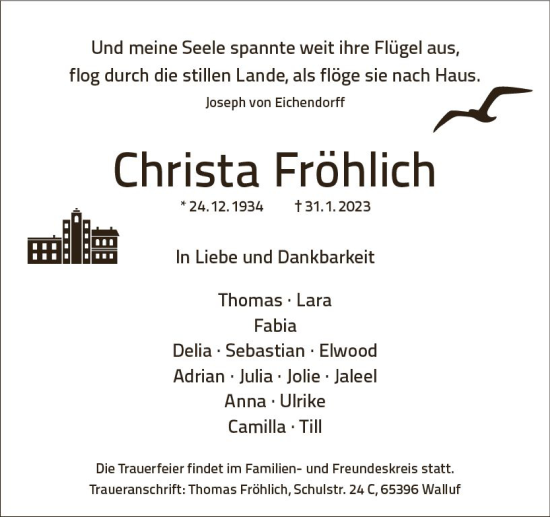 Traueranzeige von Christa Fröhlich von Wiesbadener Kurier