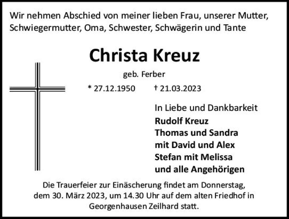  Traueranzeige für Christa Kreuz vom 25.03.2023 aus Darmstädter Echo