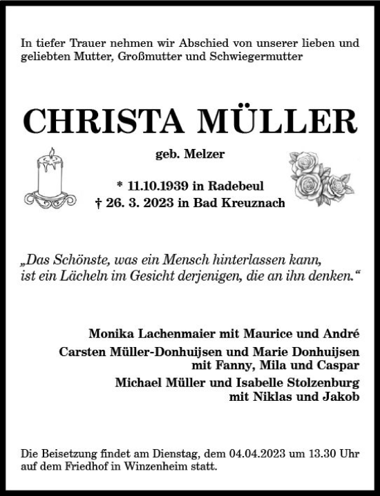 Traueranzeige von Christa Müller von Allgemeine Zeitung Bad Kreuznach