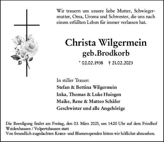 Traueranzeige von Christa Wilgermein von Wetzlarer Neue Zeitung