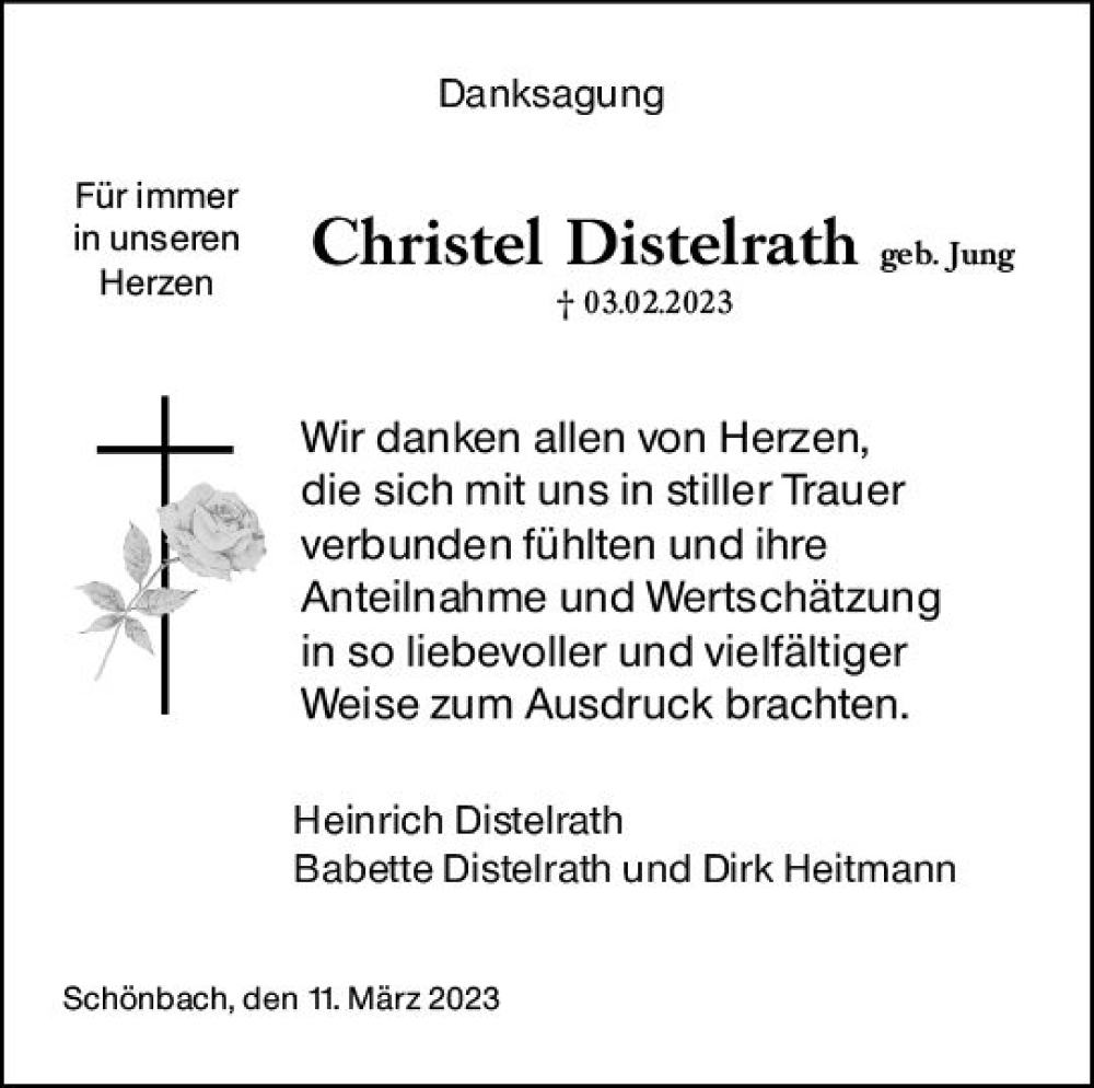  Traueranzeige für Christel Distelrath vom 11.03.2023 aus Dill Block