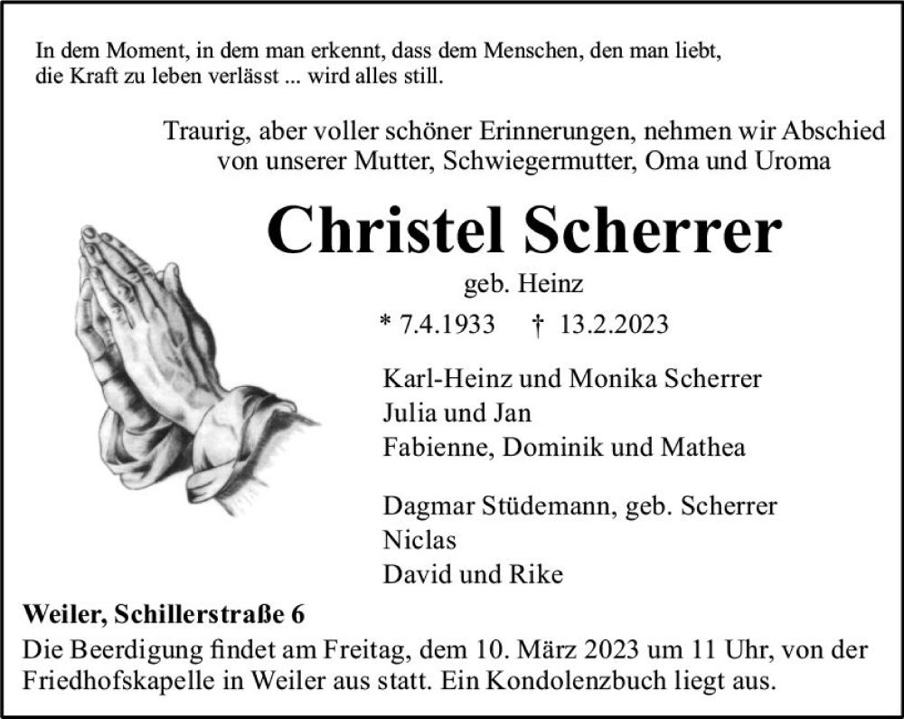  Traueranzeige für Christel Scherrer vom 08.03.2023 aus Allgemeine Zeitung Bingen/Ingelheim