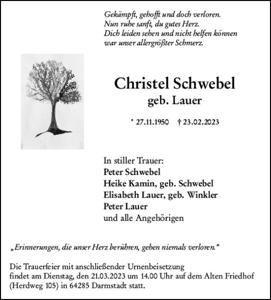 Traueranzeige von Christel Schwebel von Darmstädter Echo