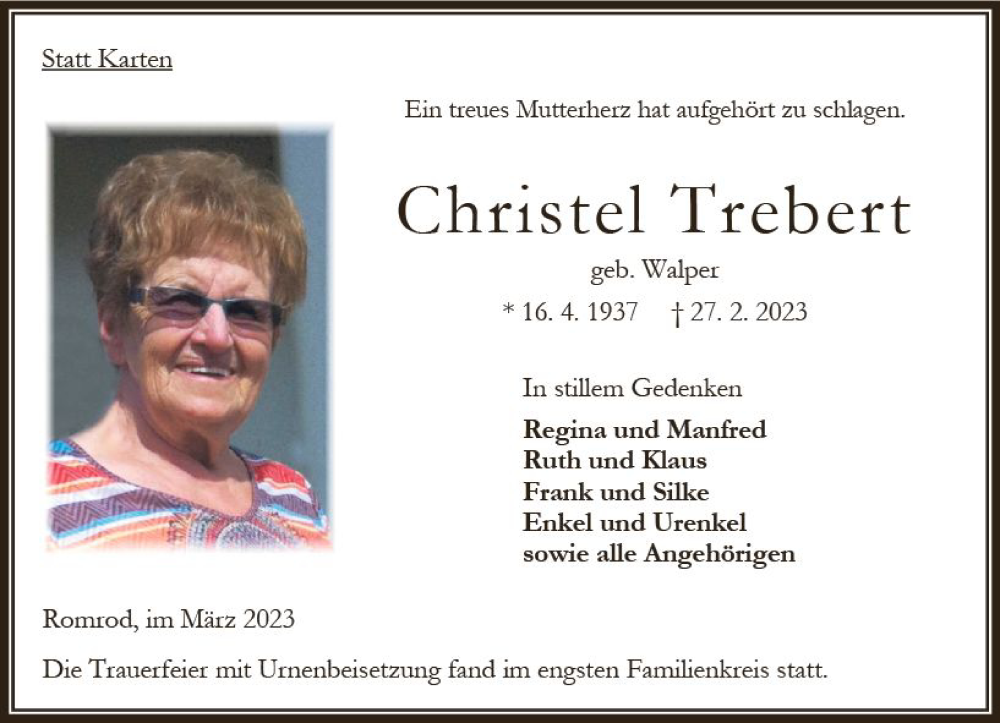  Traueranzeige für Christel Trebert vom 11.03.2023 aus Oberhessen Kurier