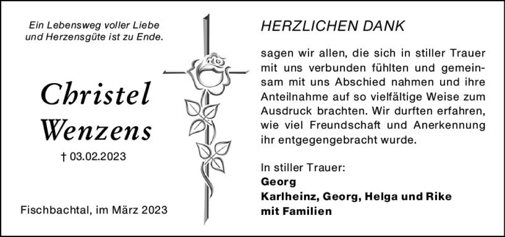  Traueranzeige für Christel Wenzens vom 11.03.2023 aus Darmstädter Echo