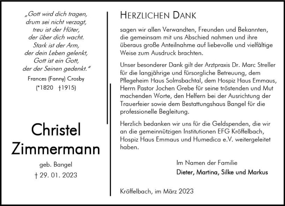  Traueranzeige für Christel Zimmermann vom 11.03.2023 aus Wetzlarer Neue Zeitung
