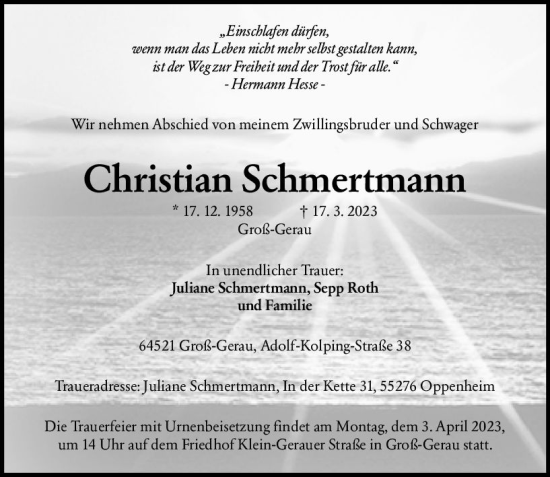 Traueranzeige von Christian Schmertmann von Groß-Gerauer Echo