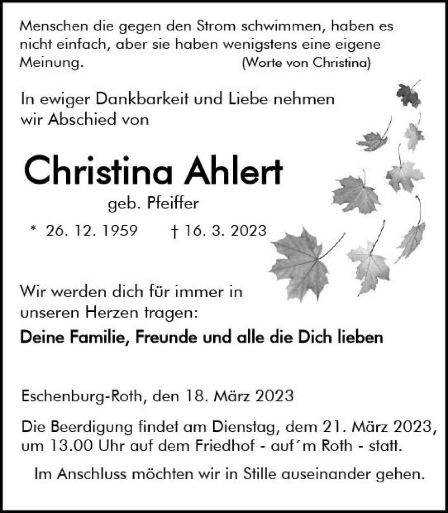  Traueranzeige für Christina Ahlert vom 18.03.2023 aus Dill Block