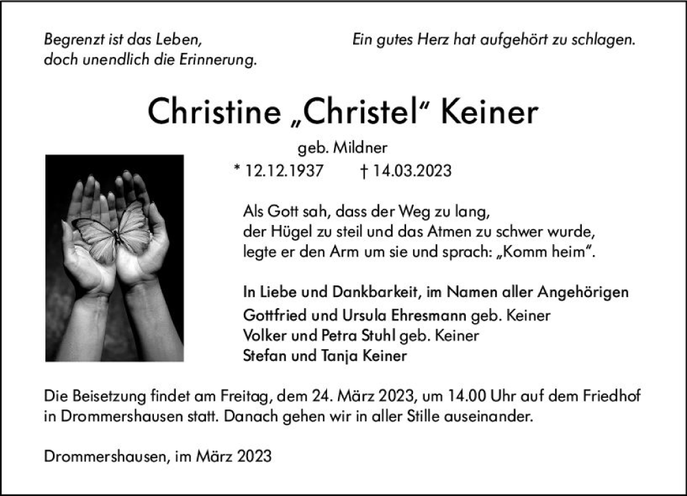  Traueranzeige für Christine Keiner vom 21.03.2023 aus Weilburger Tageblatt
