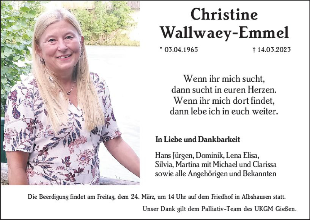  Traueranzeige für Christine Wallwaey-Emmel vom 17.03.2023 aus Wetzlarer Neue Zeitung