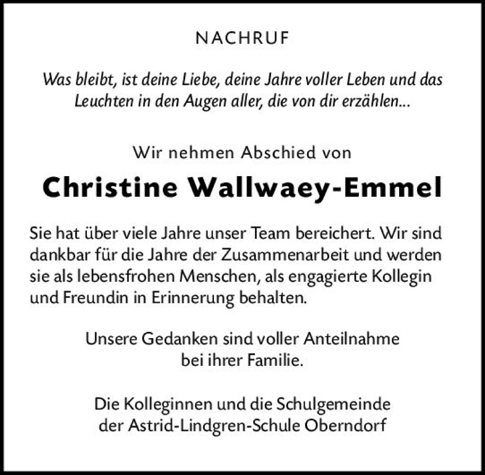  Traueranzeige für Christine Wallwaey-Emmel vom 20.03.2023 aus Wetzlarer Neue Zeitung