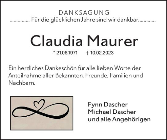Traueranzeige von Claudia Maurer von Dieburger Anzeiger/Groß-Zimmerner Lokal-Anzeiger